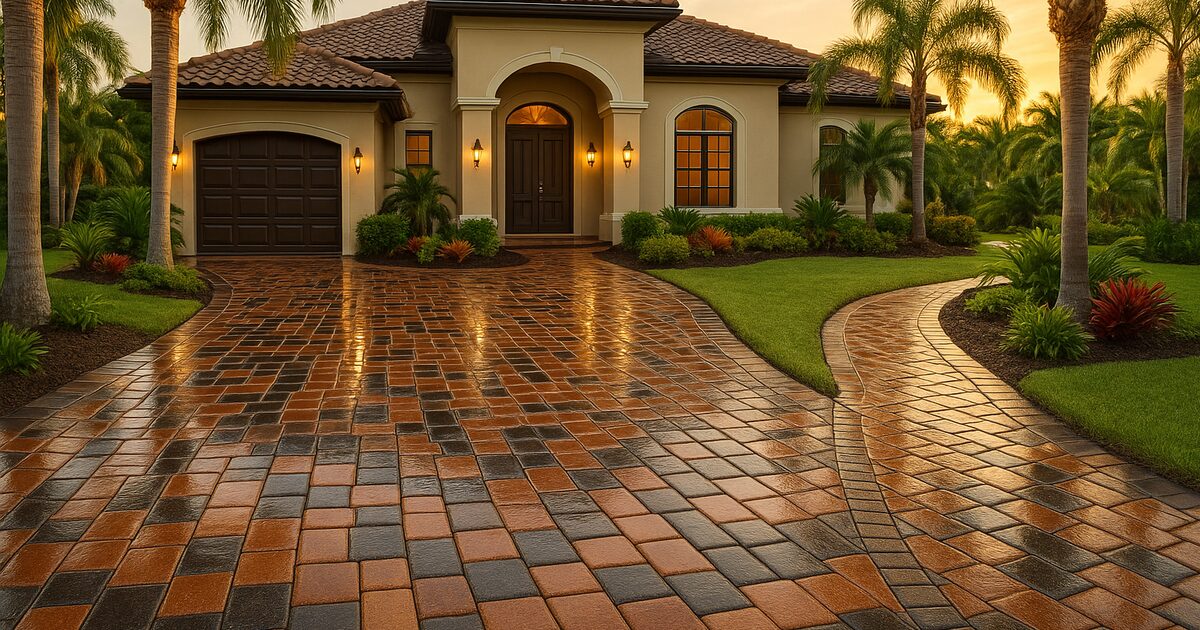 Freshly sealed paver driveway at a Sarasota, Florida home